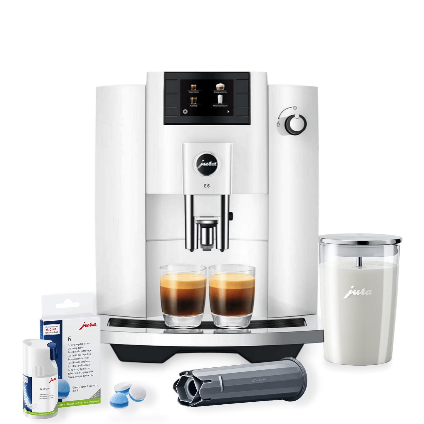 Jura E4 Coffee Machine (Piano White) with Filter, Cleaning Tablets and Coffee