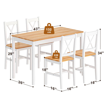 Soges 5 Pieces Dining Table Set, Pine Wood Kitchen Dining Table with 4 Chairs, Wood Rectangular kitchen table and chairs for 4, Small Dining Set for Bar Dining Room Breakfast Nook, White and Gray