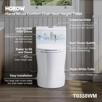 HOROW Compact One Piece Toilet with Comfort Seat ADA Height 17.3" Elongated Dual Flush 0.8/1.28 GPF