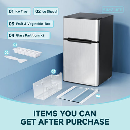 Simzlife 3.2 Cu ft Two Door Mini Refrigerator with Freezer, Compact Small Fridge Adjustable Removable Shelves, Sliver