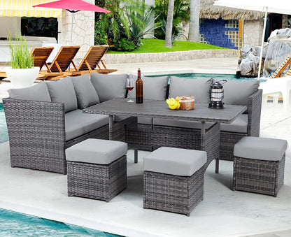 AECOJOY Outdoor 7-Piece Rattan Wicker Sectional Sofa Couch, Patio Dining Conversation Set, Gray