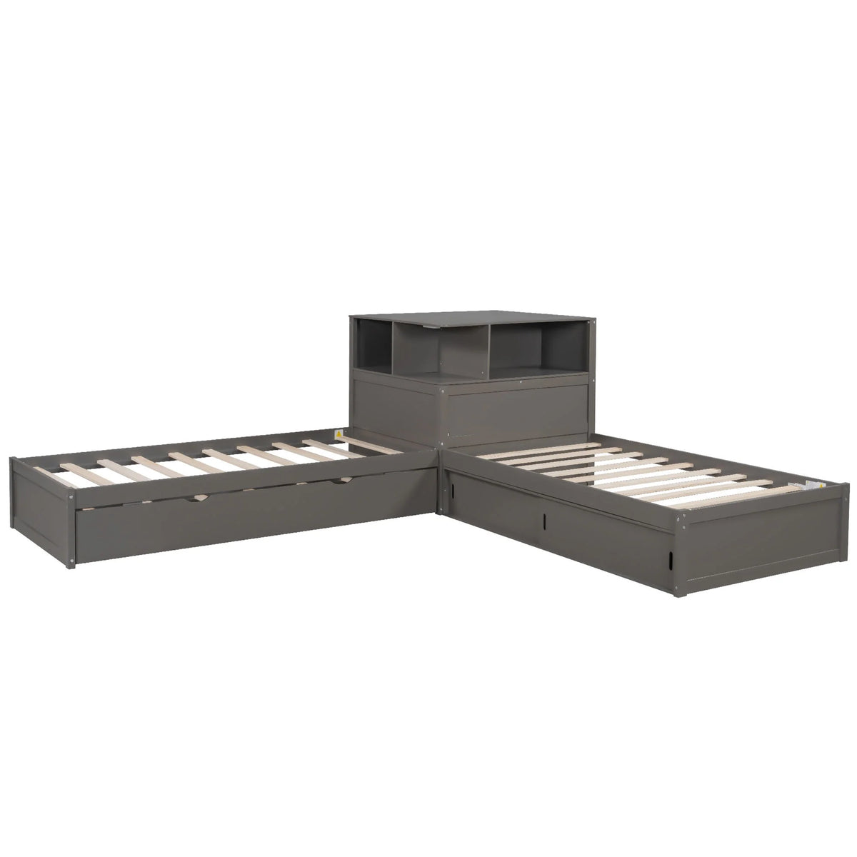 Euroco Pine Wood L-Shaped Twin Platform Bed with Storage Desk, Cabinets, Trundle and LED Light for Kids Teens, Gray