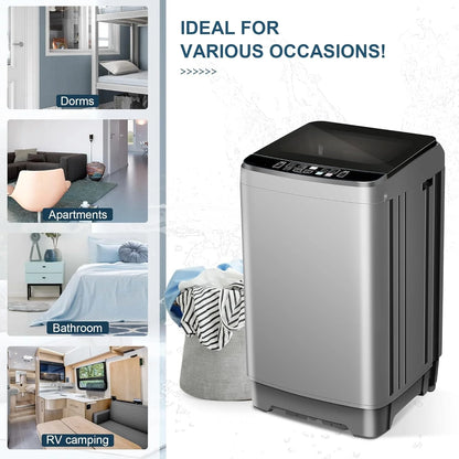 Kcpolre Portable Washing Machine, 25 lbs Full Automatic Washer with 10 Programs & 8 Water Levels, Top Load Clothes Washing Machines with LED Display for Home, Apartment, Grey