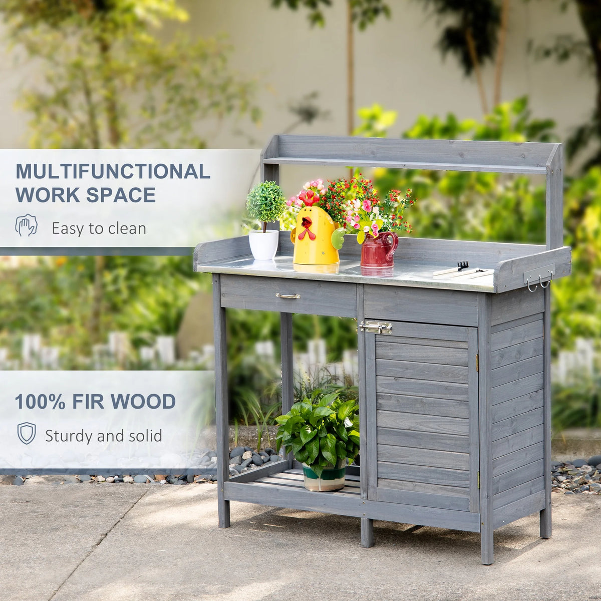 Outsunny Potting Bench Prep Table with Faucet, Sink, and Storage, Gray