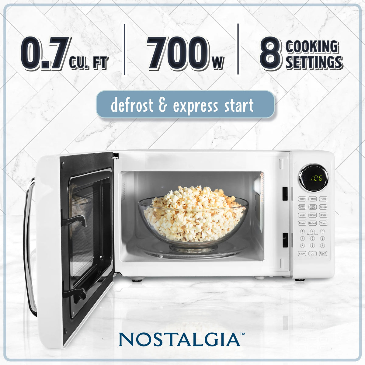 Nostalgia Retro Microwave Oven - 0.7 Cu Ft & 700-Watt Countertop Microwave with Glass Turntable, Child Safety Lock, 8 Auto-Cook Programs & Digital Clock - Aqua