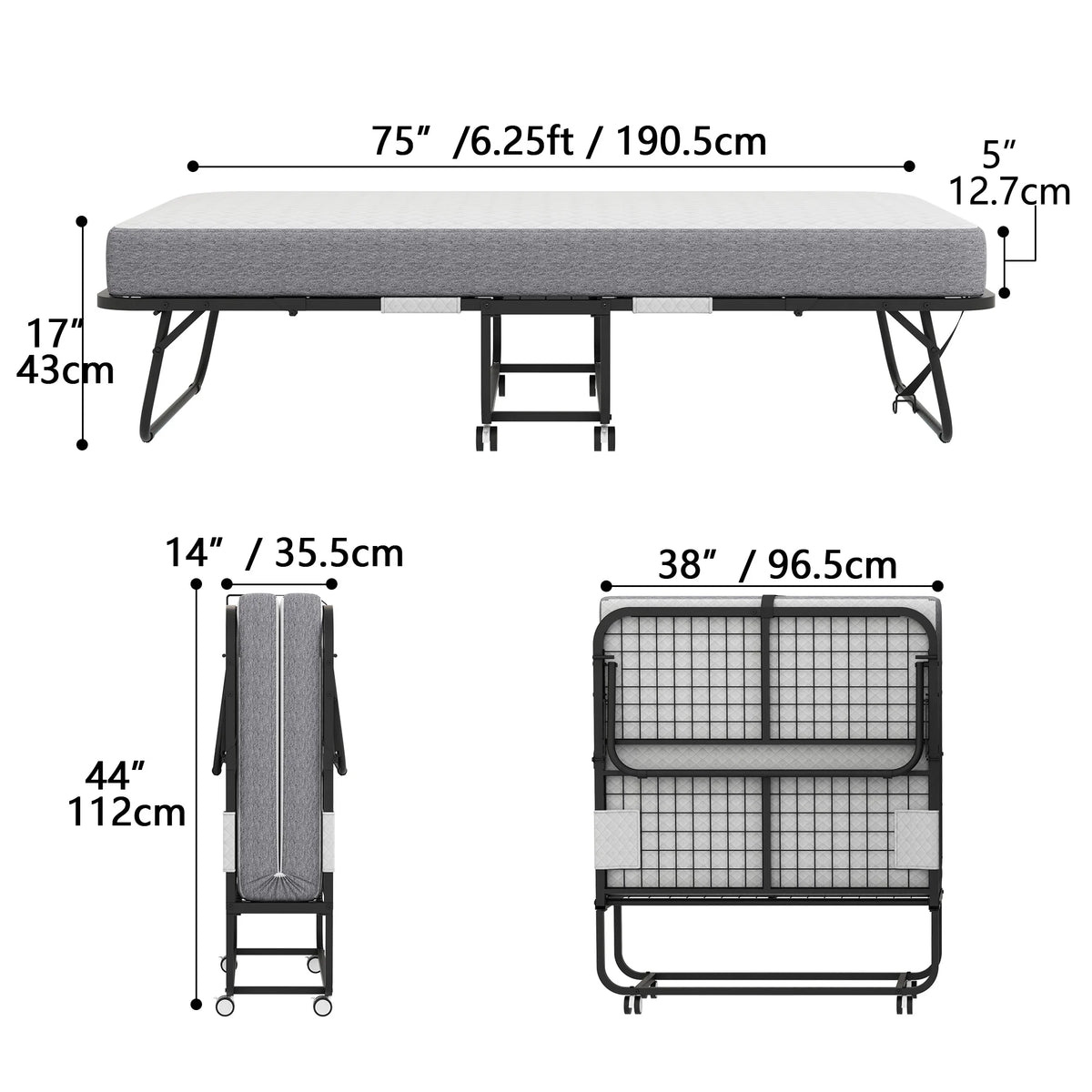Folding Bed with Mattress 75" x 31" Cot Size Folded Bed, Rollaway Guest Bed Portable Foldable Extra Bed for Adults Daybed with 5" Memory Foam Mattress Space-Saving Sturdy Metal Grid Frame