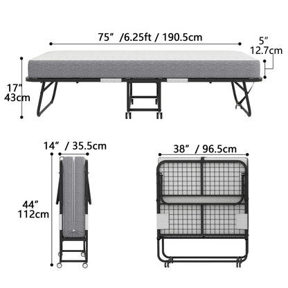Folding Bed with Mattress 75" x 31" Cot Size Folded Bed, Rollaway Guest Bed Portable Foldable Extra Bed for Adults Daybed with 5" Memory Foam Mattress Space-Saving Sturdy Metal Grid Frame