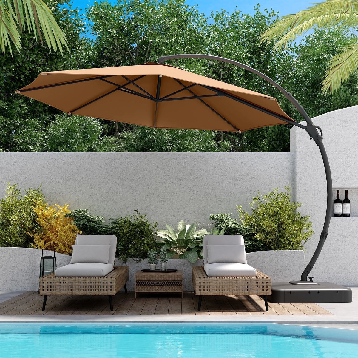 LAUSAINT HOME 11FT Patio Umbrella with Base, Outdoor Deluxe Curvy Cantilever Umbrella for Patio Pool Deck, Champagne