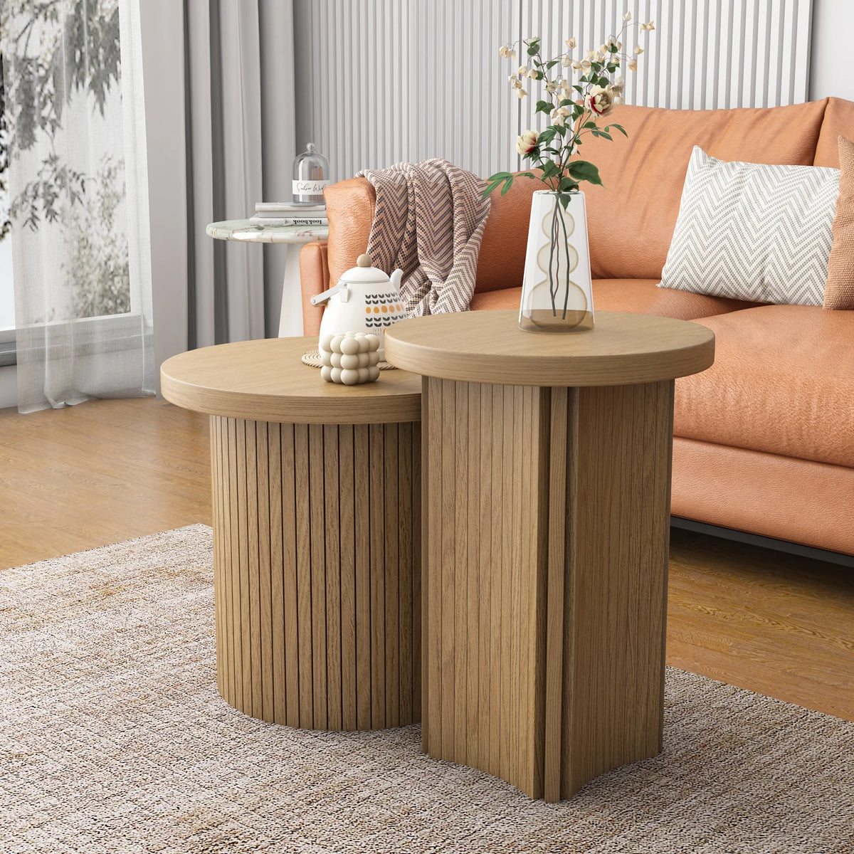 Nesting Coffee Table Set of 2, Wooden Round Coffee Table, Modern Circle Side Table, Accent End Side Table for Living Room, Office, Balcony