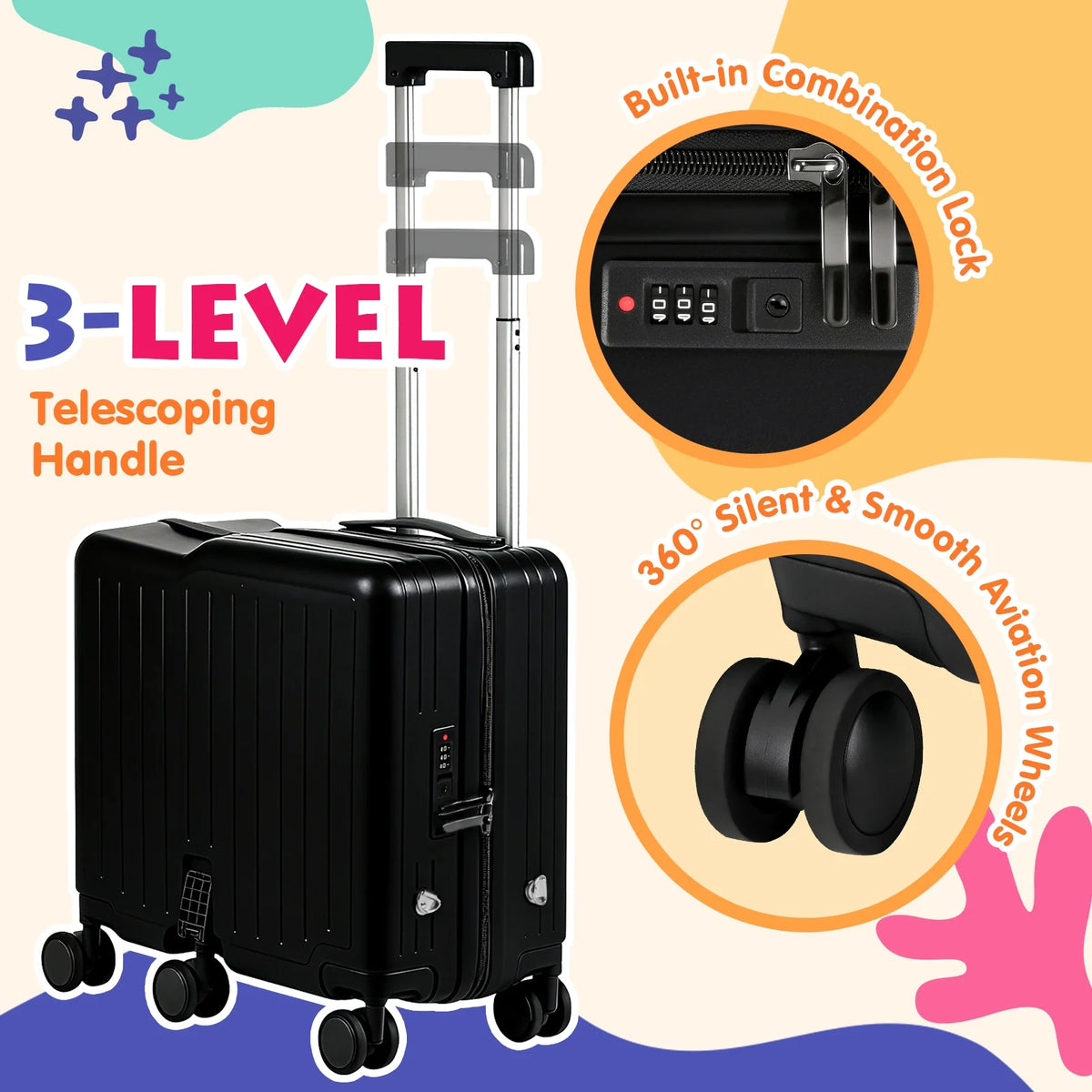 Advwin Ride-On Kids Luggage with Pull Strap, Footrests, Cup Holder, 6 Wheels & Adjustable Handle, 18-Inch Spinner Suitcase with Stickers & Boarding Pass, Pink