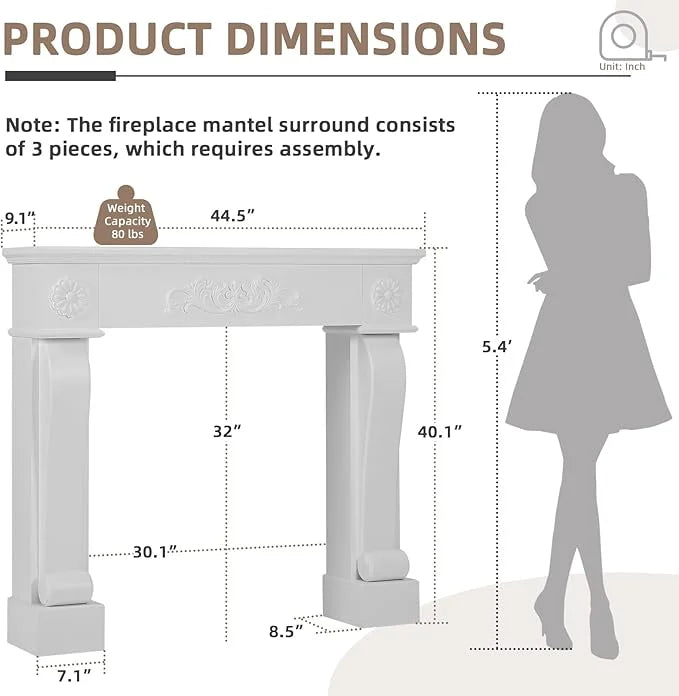 EPICOZY 44.5" Fireplace Mantel, Freestanding Fireplace Surround with Leg for Electric Fireplaces, MDF Mantel Surround with Shelf for Living Room with Decorative Pattern, Anti-Tipping & Waterproof