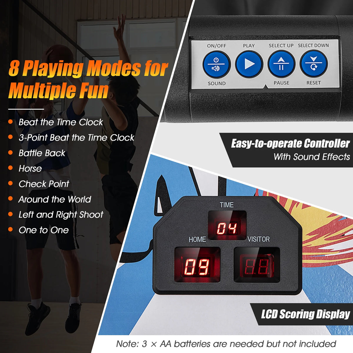 Costway Dual LED Electronic Shot Basketball Arcade Game with 8 Game Modes 4 Balls Foldable Grey