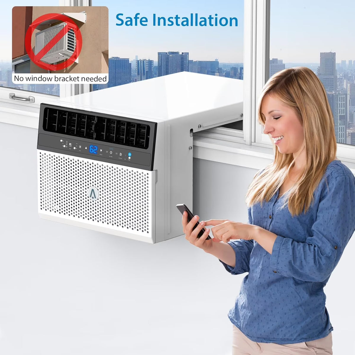 8,000 BTU Window Air Conditioner, Wi-Fi Enabled with Remote Control, Cools Up to 370 Sq. Ft., Washable Filter, Ultra-Quiet and Energy Efficient, Sleek White Design