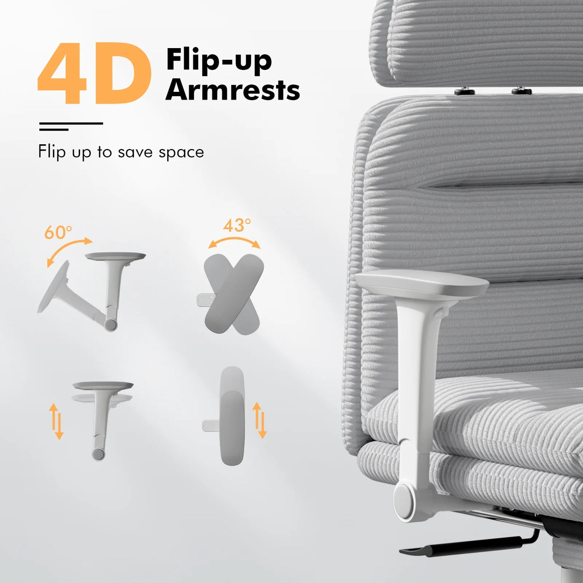 Solfway Criss Cross Chair with Wheels & Flip-up Arms, Executive Office Chair with Foot Rest, Swivel Cross Legged Office Chair, White Corduroy Fabric Comfy Computer Desk Chair, Vanity Chair for Home