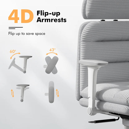 Solfway Criss Cross Chair with Wheels & Flip-up Arms, Executive Office Chair with Foot Rest, Swivel Cross Legged Office Chair, White Corduroy Fabric Comfy Computer Desk Chair, Vanity Chair for Home