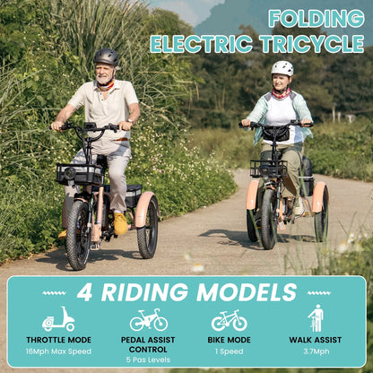 MOONCOOL TK1 Folding Electric Tricycle for Adults,48V 14.5Ah Removable battery, 500W（Peak 1000w）Motor, 20" Fat Tire Step-Thru 3Wheel Electric Bicycle w/Front&Rear Baskets, Certified to UL 2849 by SGS