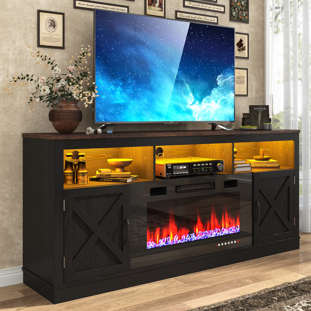 ChVans 70" Fireplace TV Stand for TVs up to 80" with 36" Electric Fireplace, Farmhouse Entertainment Center with LED, Wooden Media Console for Living Room, Bedroom