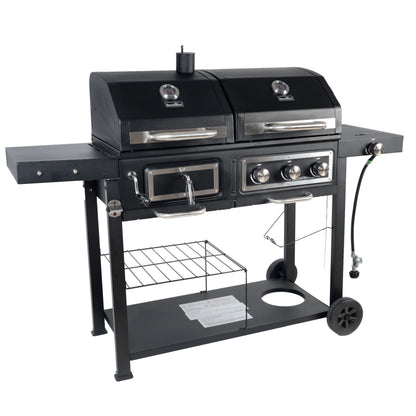 Dual Fuel Gas & Charcoal Combo Grill, Black with Stainless