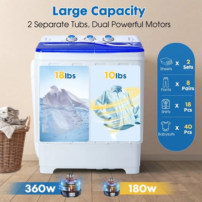 Artbros 28lbs Portable Twin Tub Washing Machine with Drain Pump, Compact Laundry Washer for Apartments, Dorms, Blue