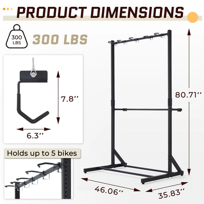 Danrelax Freestanding Bike Storage Rack, 300 lbs 5 Bikes Capacity, Vertical Bike Rack for Garage, Adjustable Hooks, Indoor Bicycle Storage Stand for Home, Black
