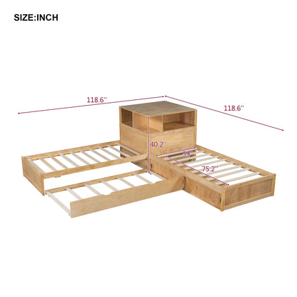 Euroco Pine Wood L-Shaped Twin Platform Bed with Storage Desk, Cabinets, Trundle and LED Light for Kids Teens, Gray