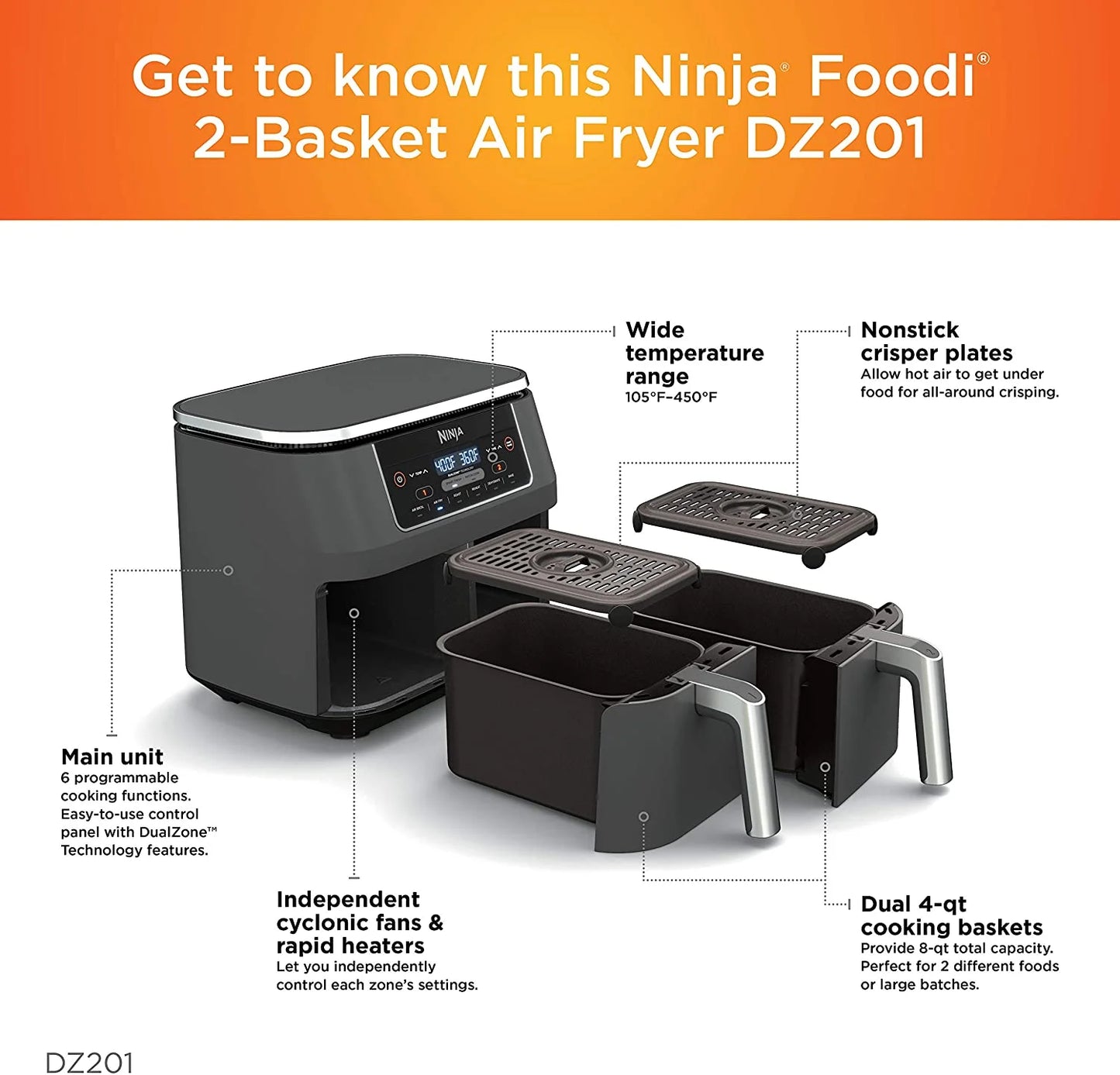Restored Ninja DZ201 Foodi 6-in-1 2-Basket Air Fryer with DualZone Technology, 8-Quart Capacity, and a Dark Grey Stainless Finish (Refurbished)