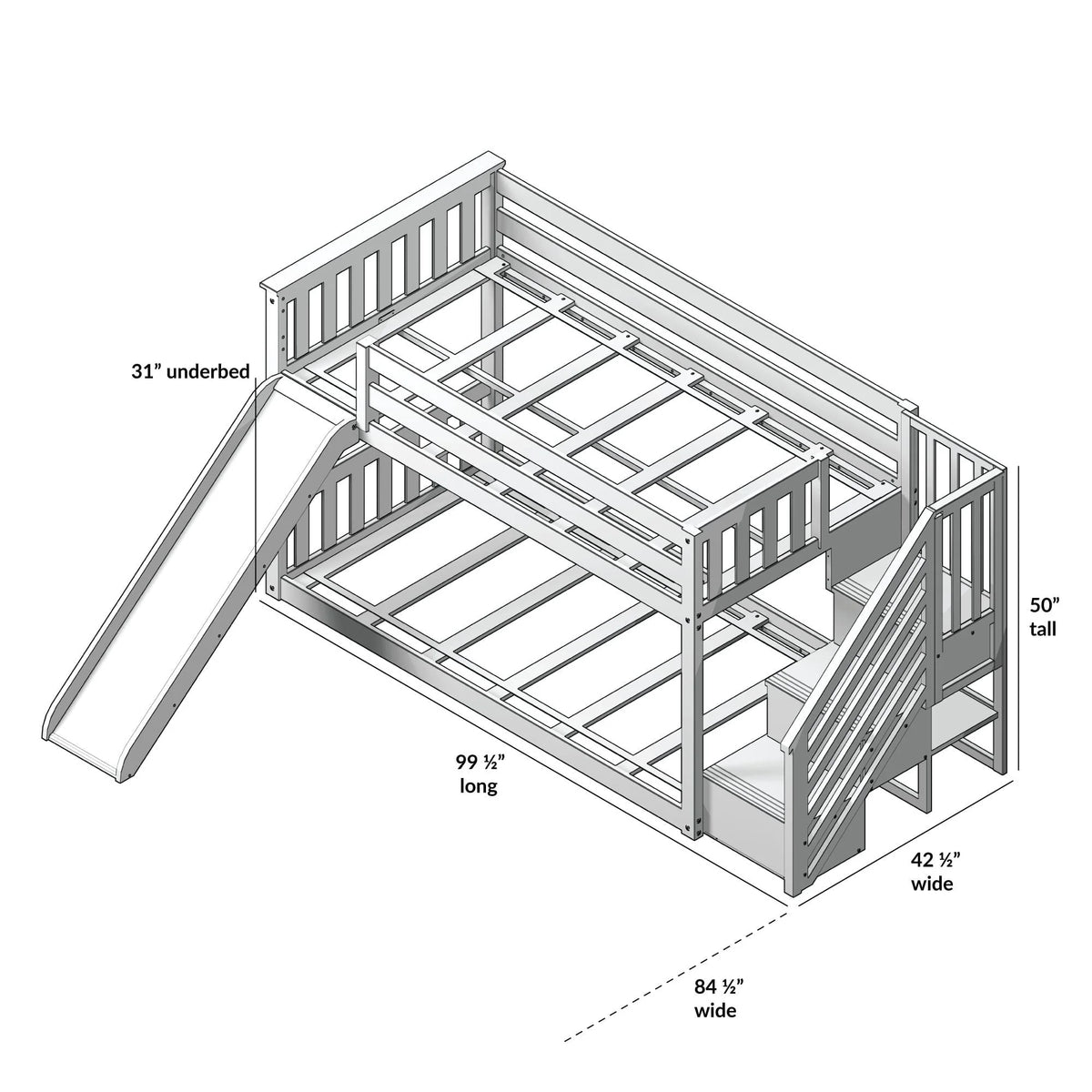 Max & Lily Wood Twin over Twin Bunk Bed for Kids with Wooden Staircase and Slide, White