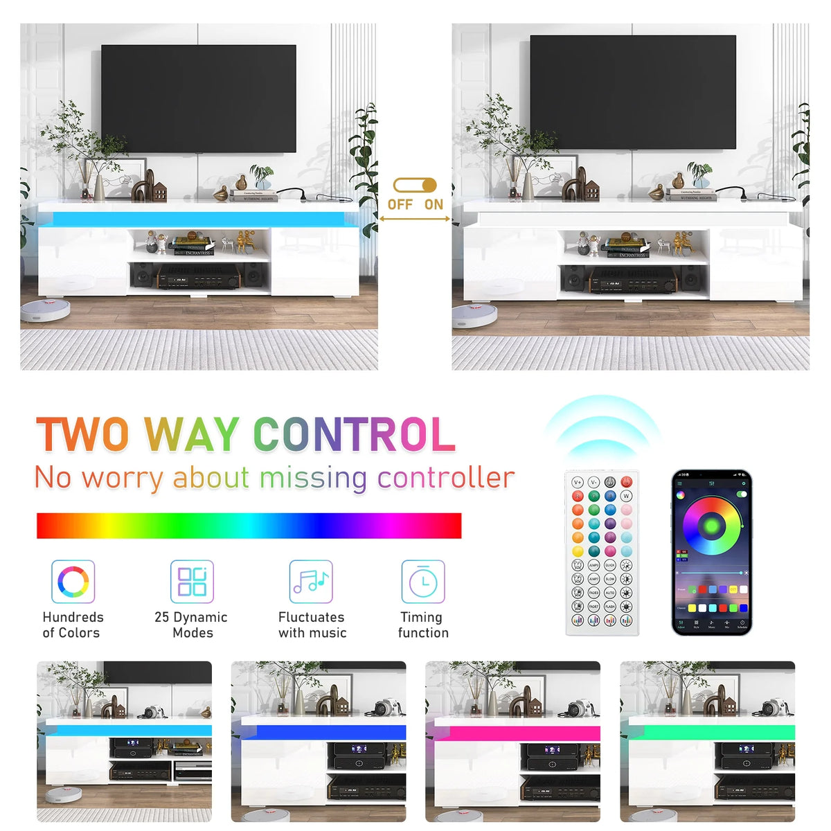 LED TV Stand for up to 85" TVs with Power Outlet, 75" Large Entertainment Center Console Table Gaming Soundbar Shelf with 2 Storage Cabinets