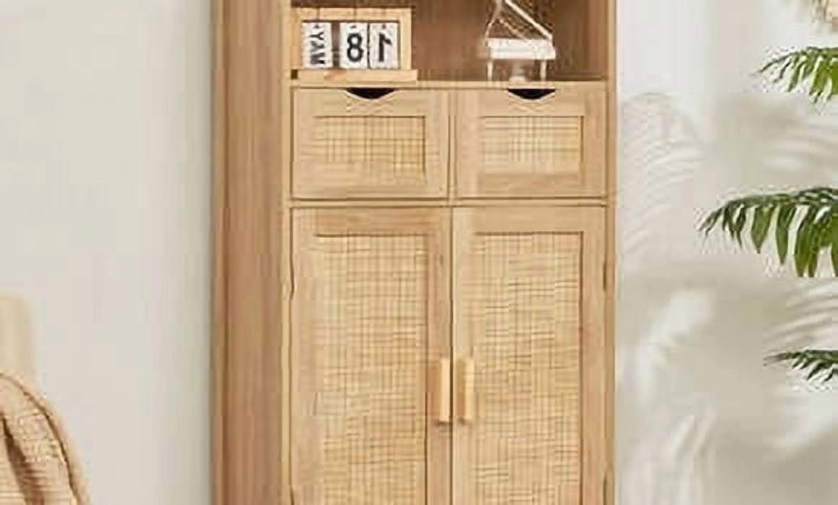 FANGSUM Rattan Storage Cabinet with 2 Drawers & 2 Shelves, Floor Cabinet for Living Room