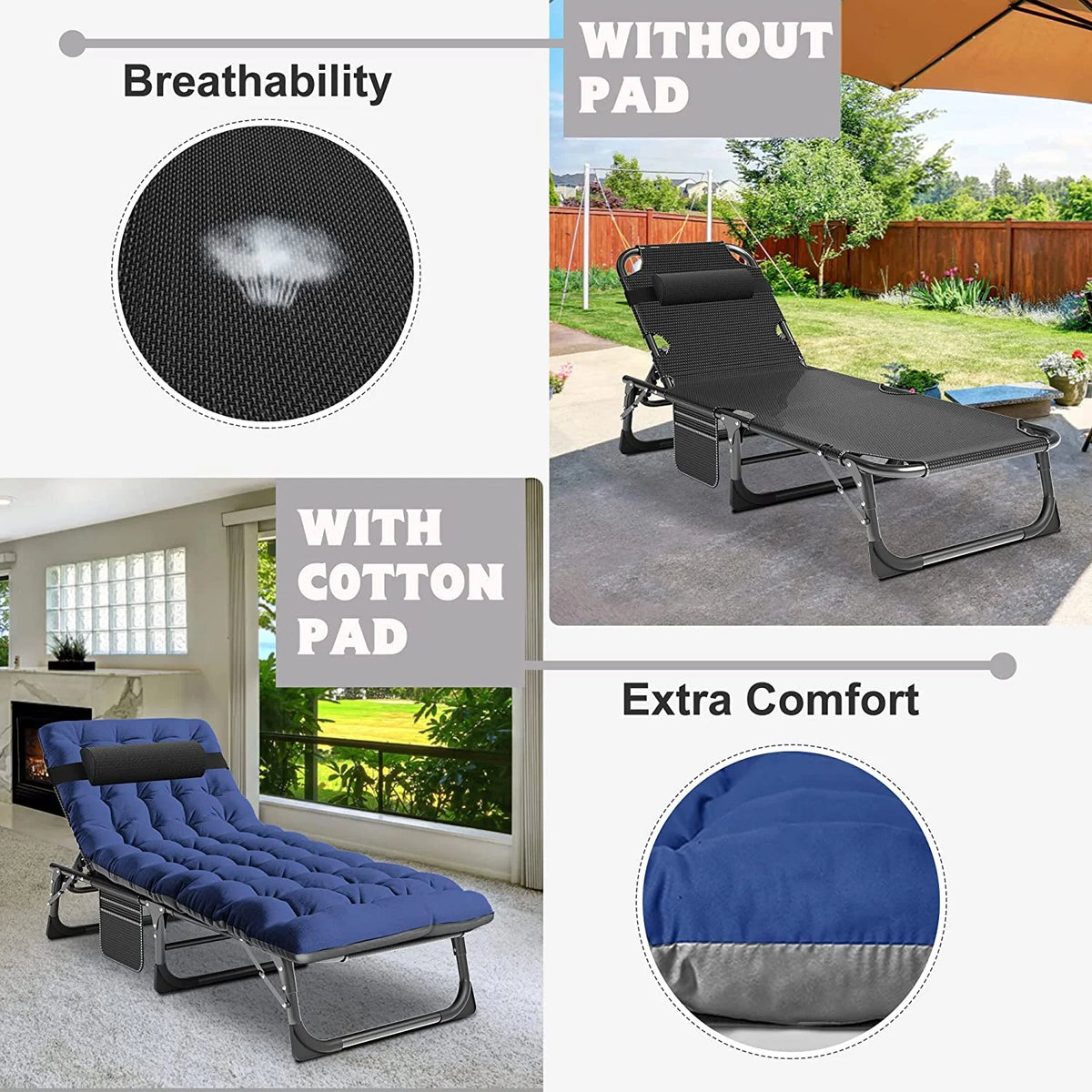 Slsy Folding Lounge Chair, 5-Position Adjustable Outdoor Reclining Chair, Folding Sleeping Bed Cot, Folding Chaise Lounge Chair for Pool Beach Patio Sunbathing