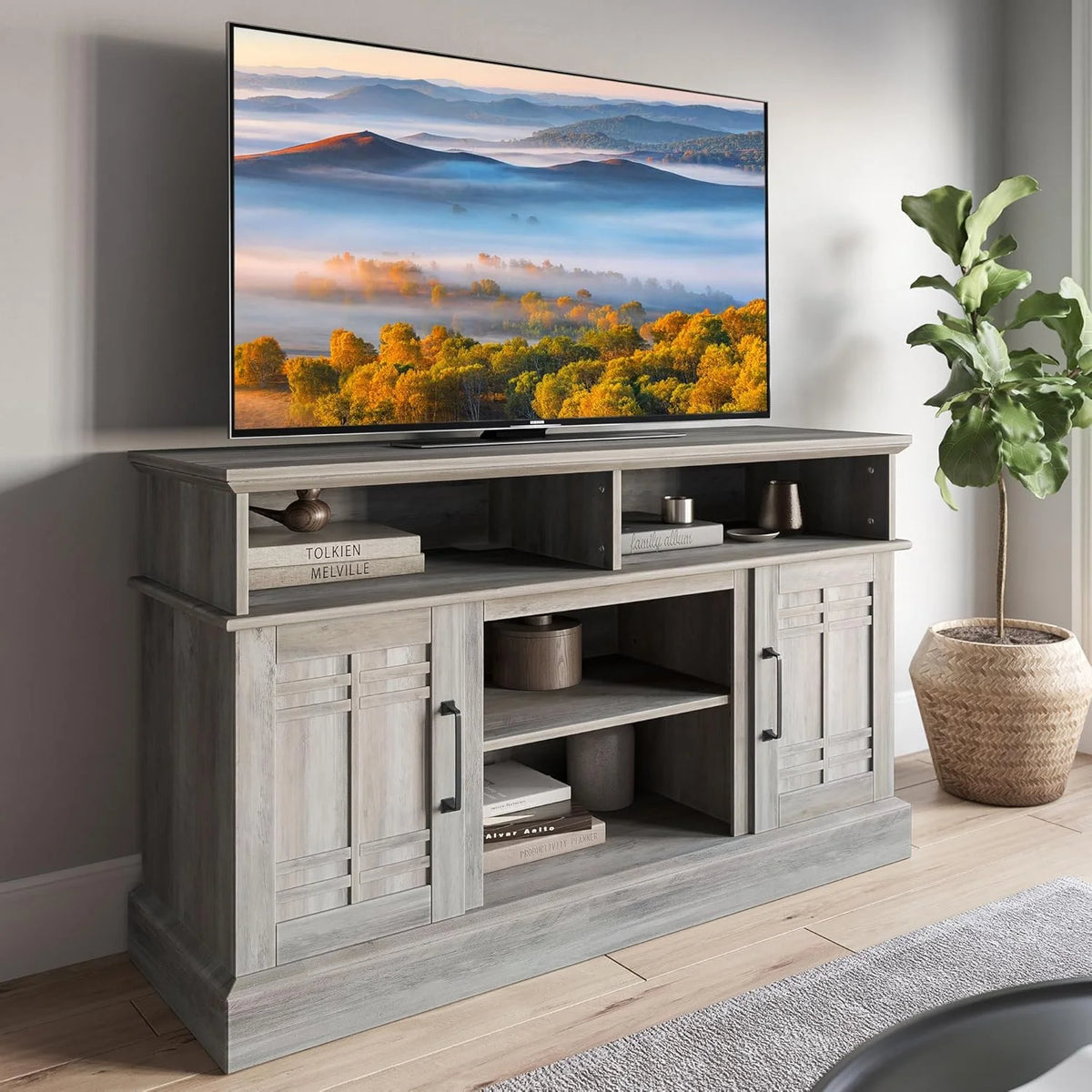 Modern 48" Farmhouse Wood TV Stand & Media Entertainment Center Console Table for TVs up to 50 Inch with Open Storage Shelves & Cabinets - Norrell (Espresso)