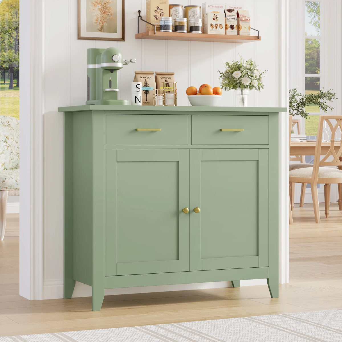 Homfa Entryway Cabinet, Kitchen Storage Cabinet, Farmhouse Buffet Sideboard with 2 Drawers and 2 Doors,Coffee Bar with Storage for Dining Room Living Room,White