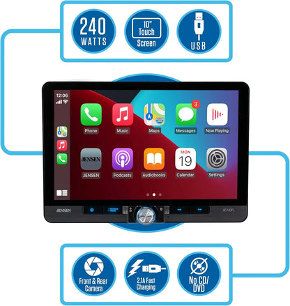 Jensen J1CA10FL-BUC 10.1-inch Certified Apple CarPlay Android Auto Wired or Wireless | Single DIN and Double DIN Touchscreen Car Stereo Radio | Bluetooth | USB Charge | Backup Camera Included