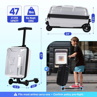 Advwin Ride-On Scooter Suitcase with LED Light-up Wheels, Hardshell Lightweight Foldable Rideable Luggage for Kids & Adults, Silver