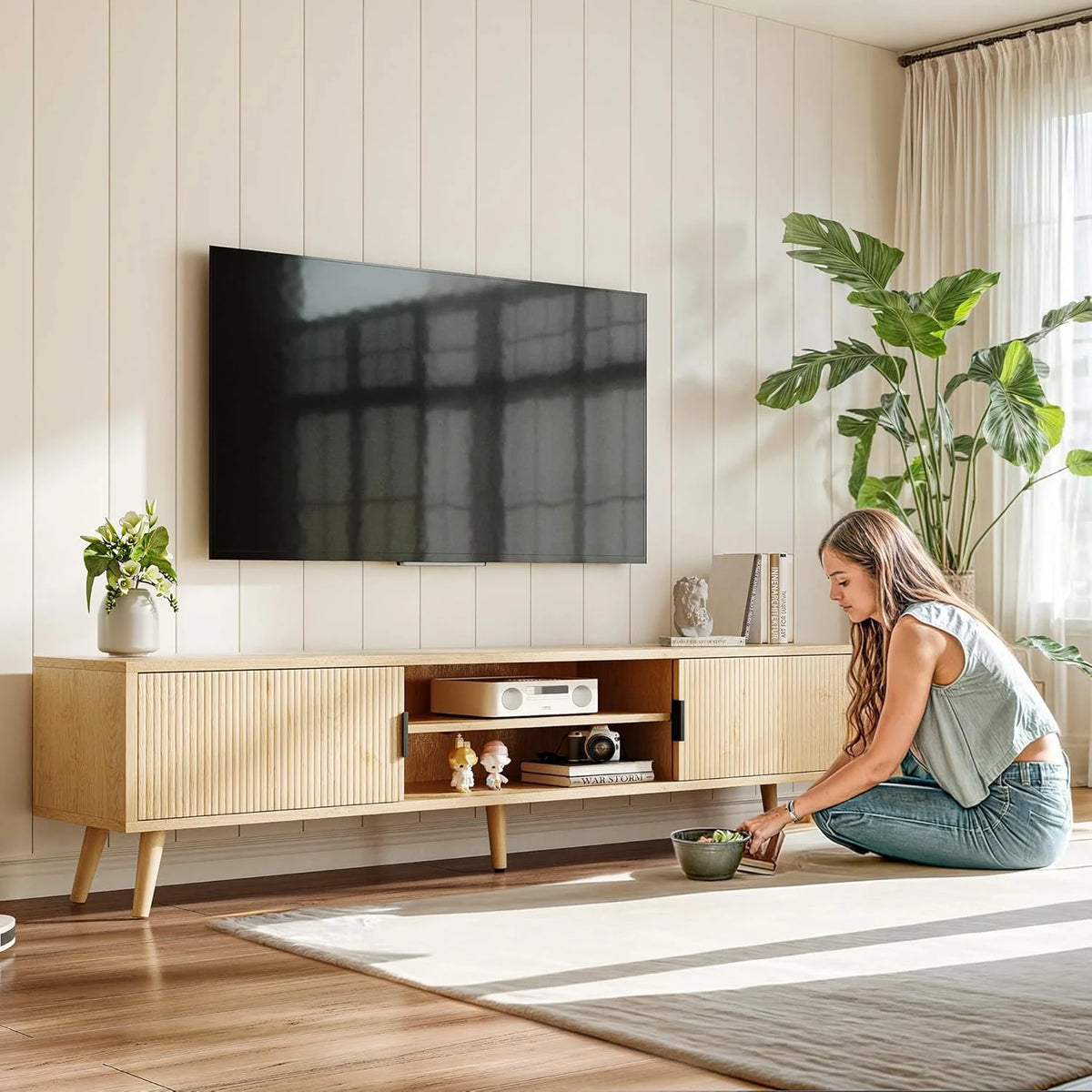 Selooye Mid Century TV Stand, Modern TV Console for TVs up to 70 Inches, Entertainment Center with Storage, TV and Media Consol, 62 Inch (Natural)