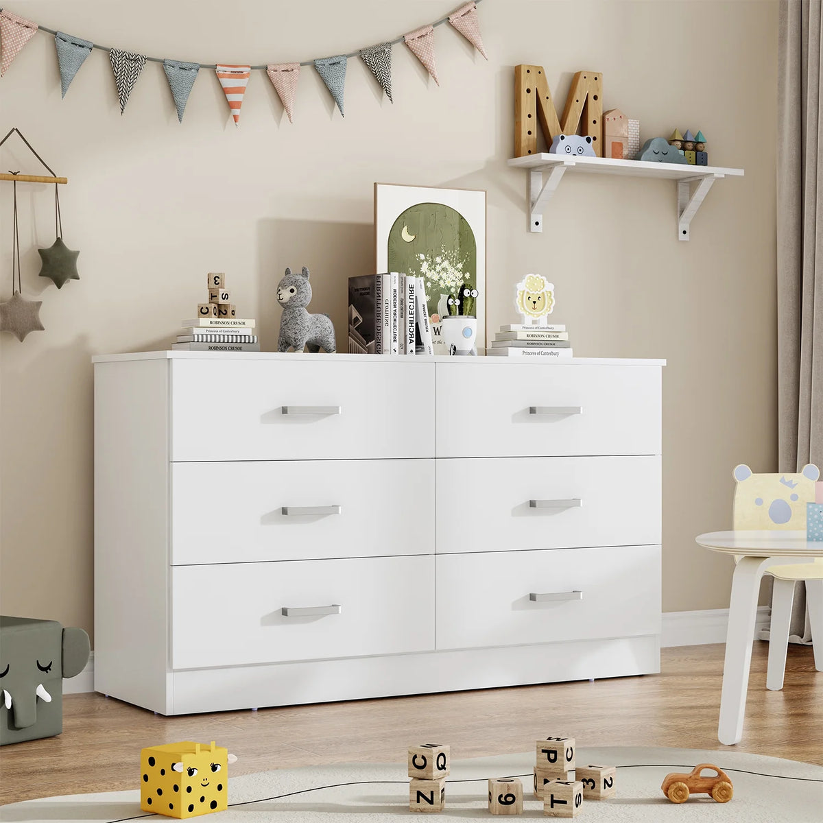 Winkalon 6 Drawer White Double Dresser, Wood Storage Cabinet with Easy Pull Out Handles for Living Room,Chest of Drawers for Bedroom