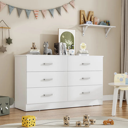 Winkalon 6 Drawer White Double Dresser, Wood Storage Cabinet with Easy Pull Out Handles for Living Room,Chest of Drawers for Bedroom