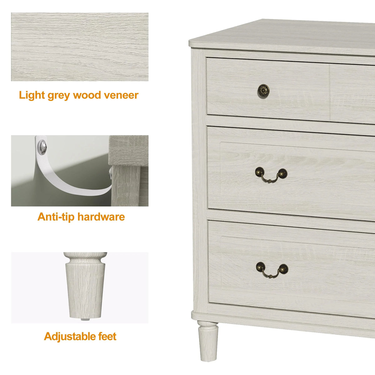 May Color Large White 3 Drawer Dresser Set of 2 with Fluted Panel, Modern Chest of Drawers with Silent Slide Drawers, Wood Accent Nightstand with Storage for Bedroom Living Room, Hallway