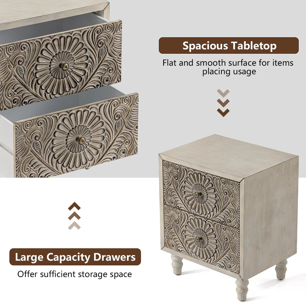 FOROUTIA Wooden Nightstand with 2 Drawers,Vintage MDF Bedside Tables with Storage