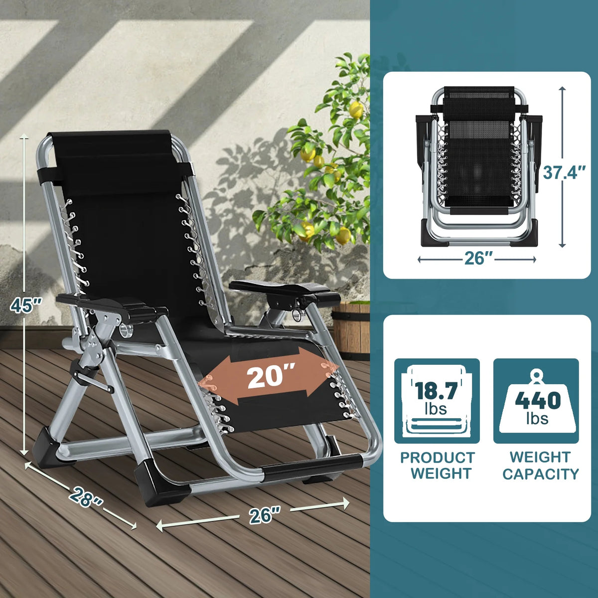 NAIZEA Zero Gravity Chair with Removable Cushion and Cup Holder Black