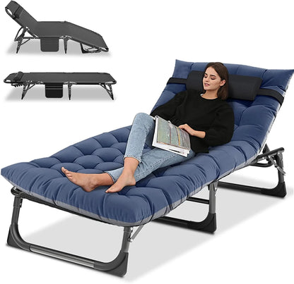Slsy 4-Fold Folding Camping Cot with 2 Sided Mattress & Pillow, Adjustable 5-Position Folding Lounge Chair, Folding Sleeping Cots