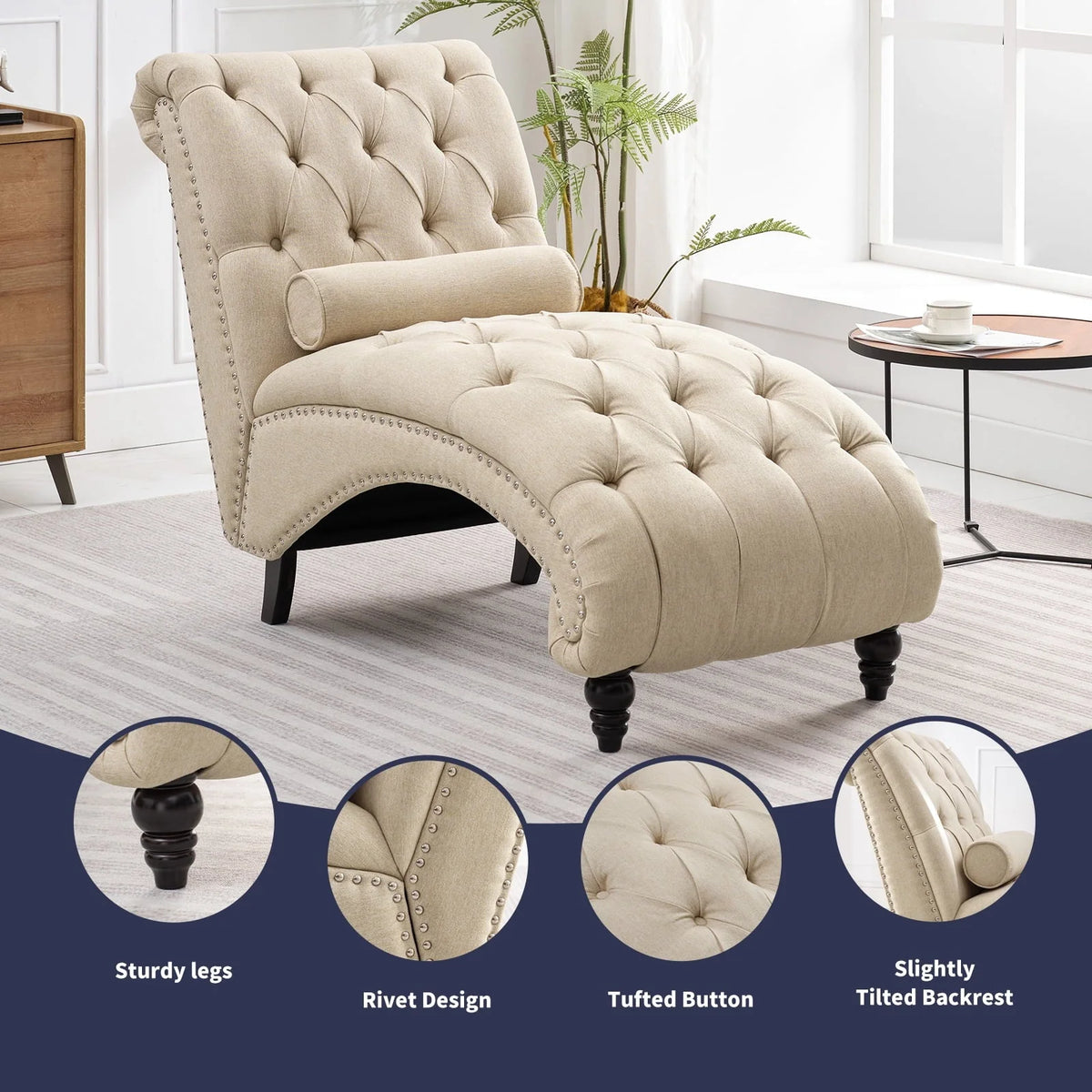 ZAFLY Chaise Lounge Indoor, Lounge Chair with Wood Legs, Leisure Accent Chair, Upholstered Lounge Couch for Bedrooom/Living Room, Beige