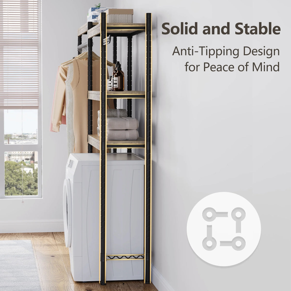 5 Tier Wood Over The Washer and Dryer Storage Shelf with Drying Clothes Racks Laundry Room Shelf Laundry Room Organization and Storage for Hanging Towels and Drying Clothes