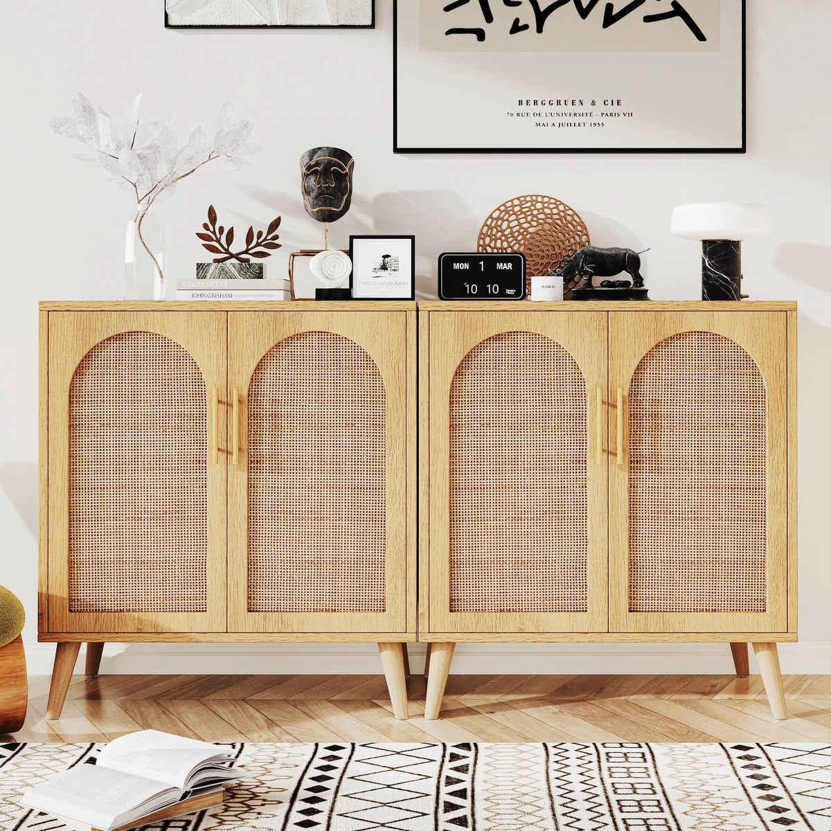 Rovaurx Set of 2 Rattan Storage Cabinet with Doors, Accent Bathroom Floor Cabinet, Modern Sideboard Buffet Cabinet for Living Room, Entryway, Dining Room and Kitchen, Natural