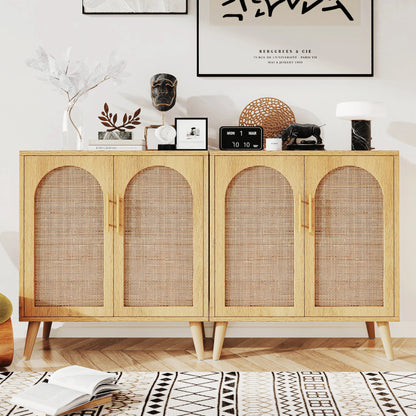 Rovaurx Set of 2 Rattan Storage Cabinet with Doors, Accent Bathroom Floor Cabinet, Modern Sideboard Buffet Cabinet for Living Room, Entryway, Dining Room and Kitchen, Natural