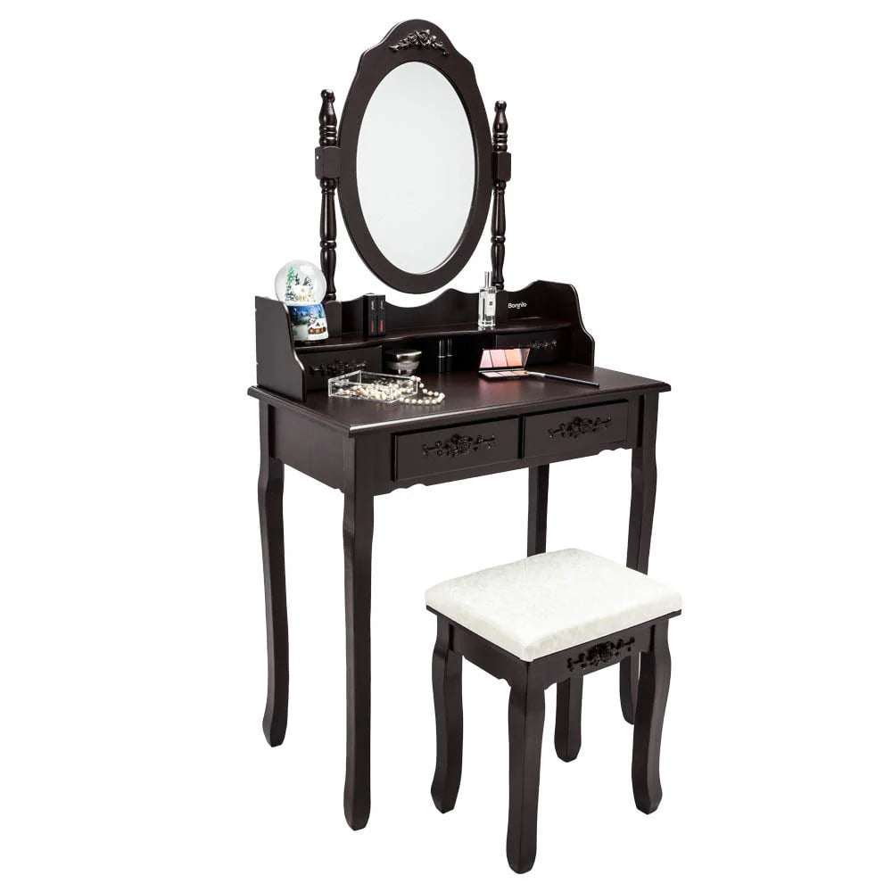 UBesGoo 4 Drawer Vanity Makeup Dressing Table Set w/Stool&Mirror Jewelry Wood Brown