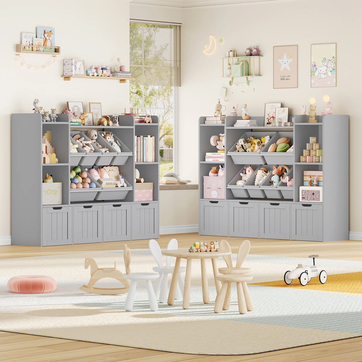 Hiphuta 3 Tier Kids Bookcase with Toy Storage Organizer, Wood Toy Organizer of 6 Boxes & 4 Removable Drawers, White