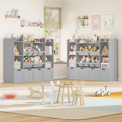 Hiphuta 3 Tier Kids Bookcase with Toy Storage Organizer, Wood Toy Organizer of 6 Boxes & 4 Removable Drawers, White