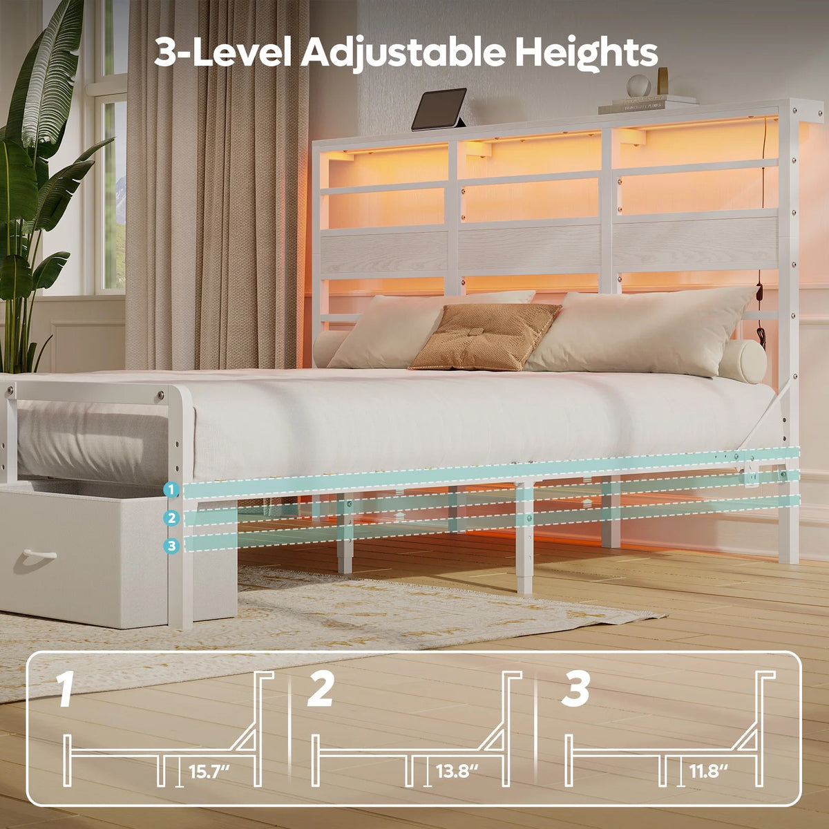 Pinmoco LED Queen Bed Frame with 49.2" High Storage Headboard and 4 Drawers, Adjustable Base Height Metal Platform Bed with Charging Station, Rustic