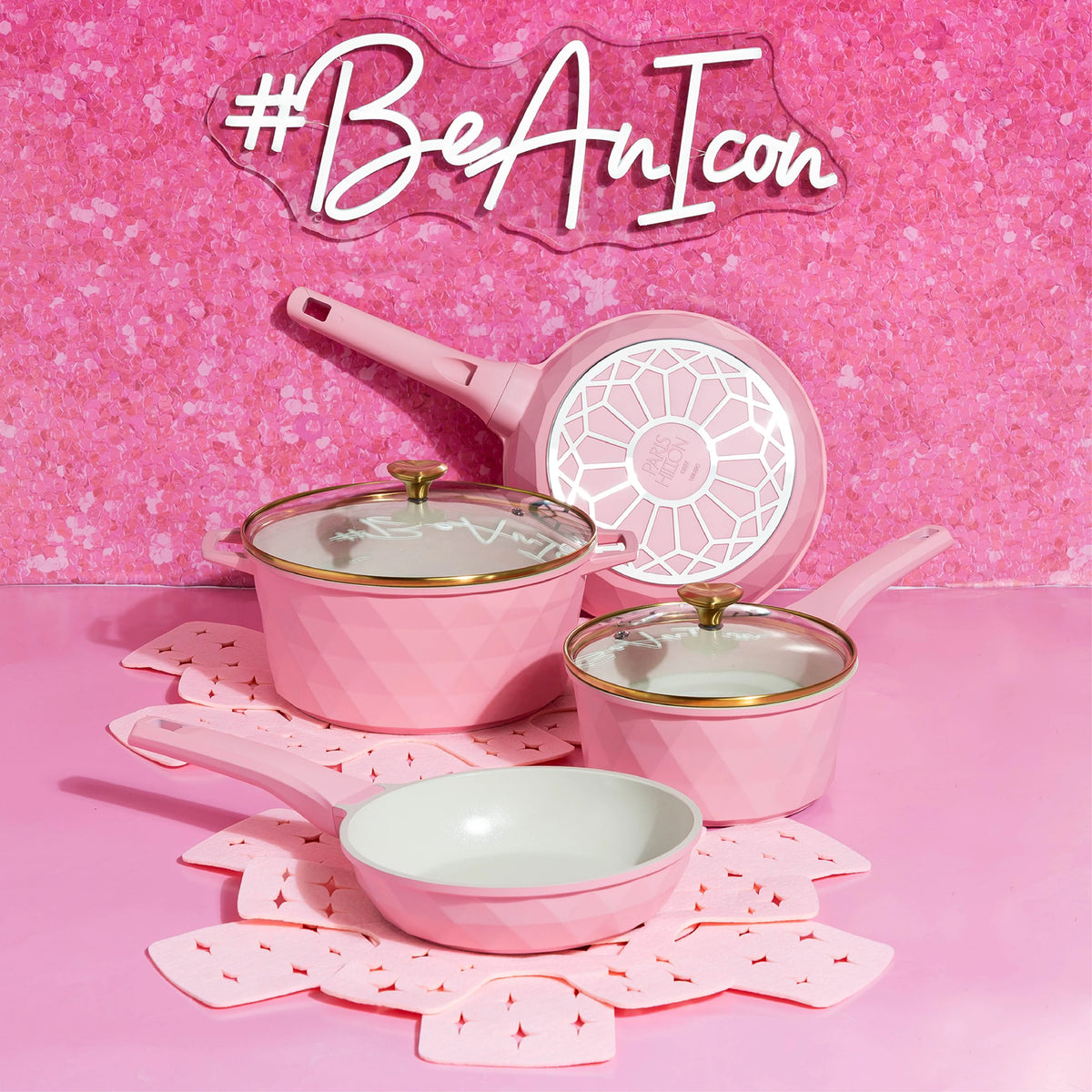 Paris Hilton 10-Piece Ceramic Nonstick Cast Aluminum Cookware Set, Clean Ceramic? Coating, Faceted Pink Design